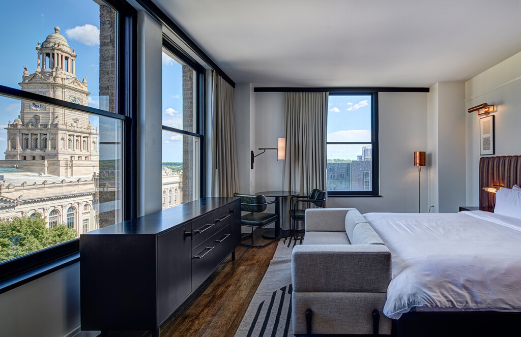 A modern hotel room at the Surety Hotel overlooks the courthouse in downtown Des Moines