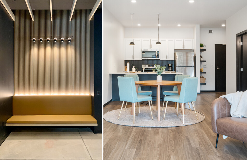 Urbane 210 interiors bench split screen and apartment interior with blue chairs around a small table in front of an open kitchen with modern cupboards and appliances