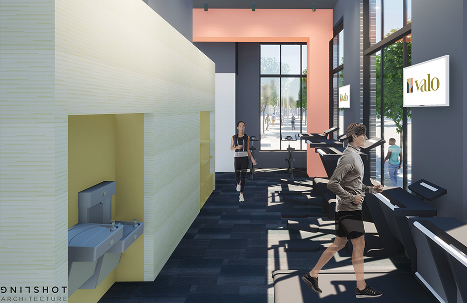 Fitness center at Valo project in Dogtown near Drake University