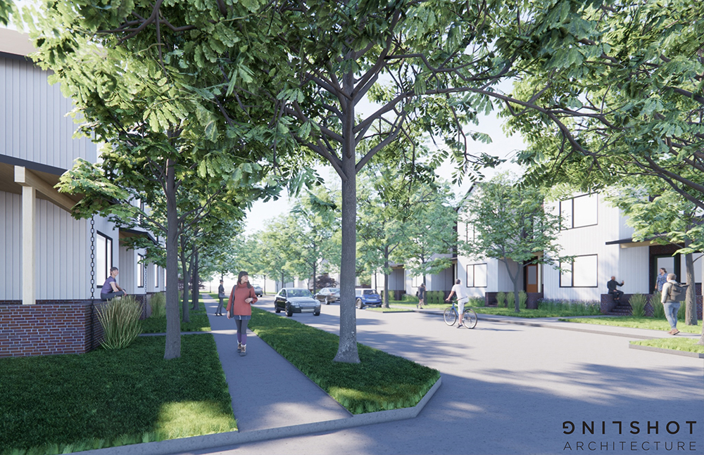 Rendering of Grove Park Rowhomes showing tree-lined streets and pedestrians walking down the sidewalk