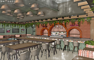 Interior rendering of seating and bar area of The Tequila Bar