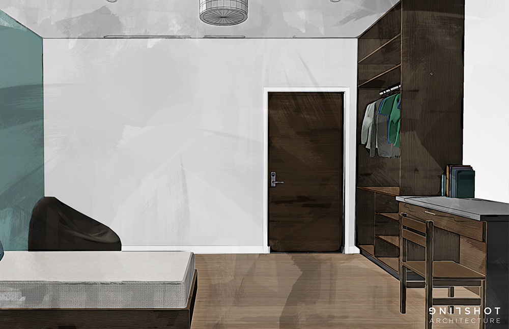 Ellipsis Meredith Residential Unit Rendering of bedroom with desk and wardrobe