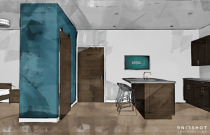 Ellipsis Meredith Residential Unit Rendering of living space and kitchen island divided by a closet wall