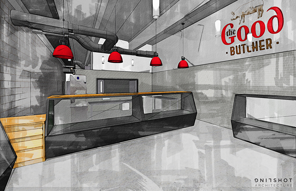 Rendering of The Good Butcher interior showing meat counter and red pendants