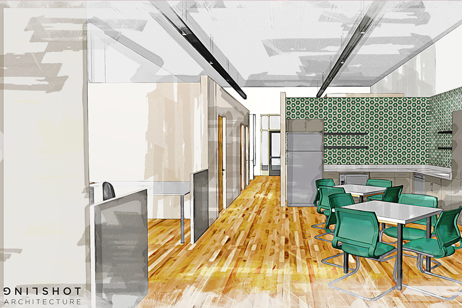 Bolton and Menk Jefferson offices and break room area with green chairs and tile accent wall