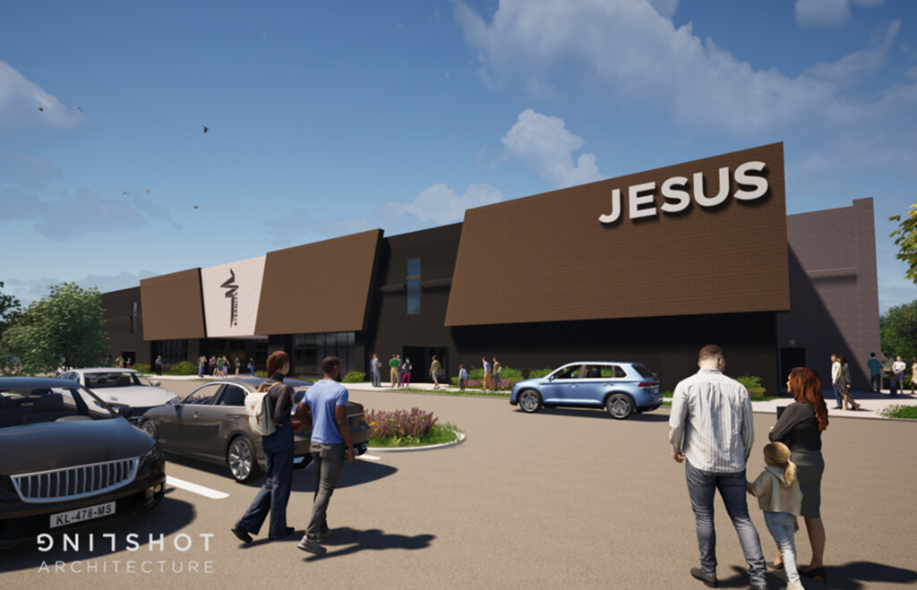 Eternity Church exterior parking lot and entry rendering